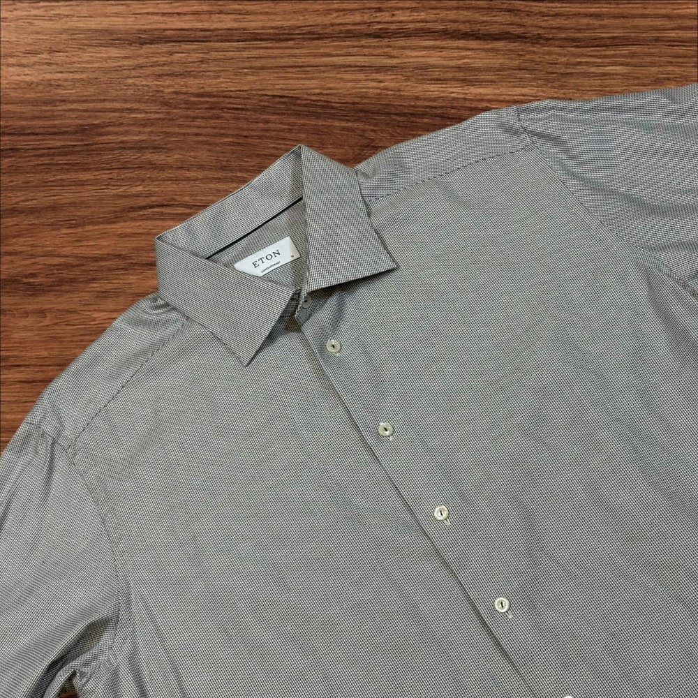 Eton Contemporary Dobby 100% Cotton Dress Shirt‎ Men 46 18 White Micro Pattern